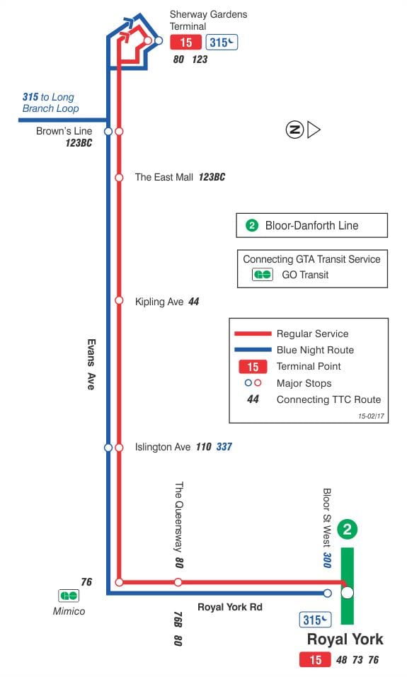 Карта ТТС 15 Эванс автобусного маршрута Торонто