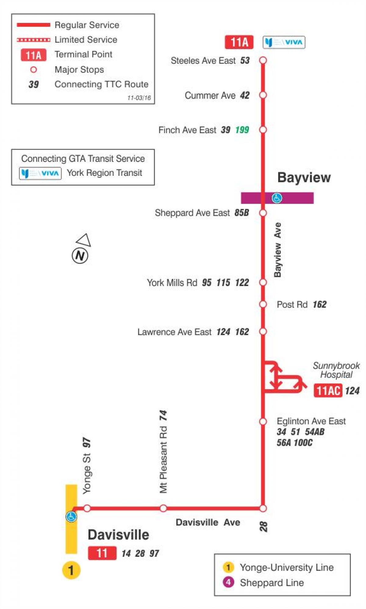 Карта ТТК 11 Бэйвью автобусного маршрута Торонто