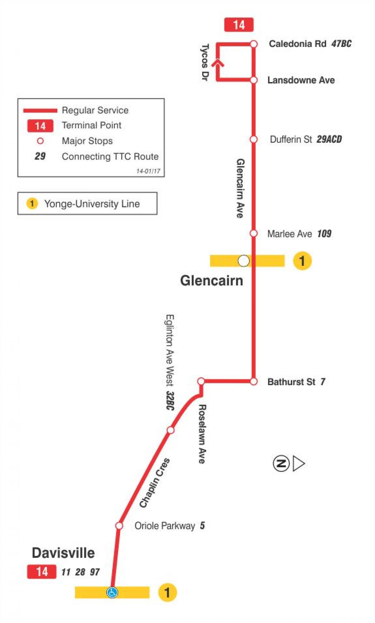 Карта ТТК 14 Гленкейн автобусного маршрута Торонто
