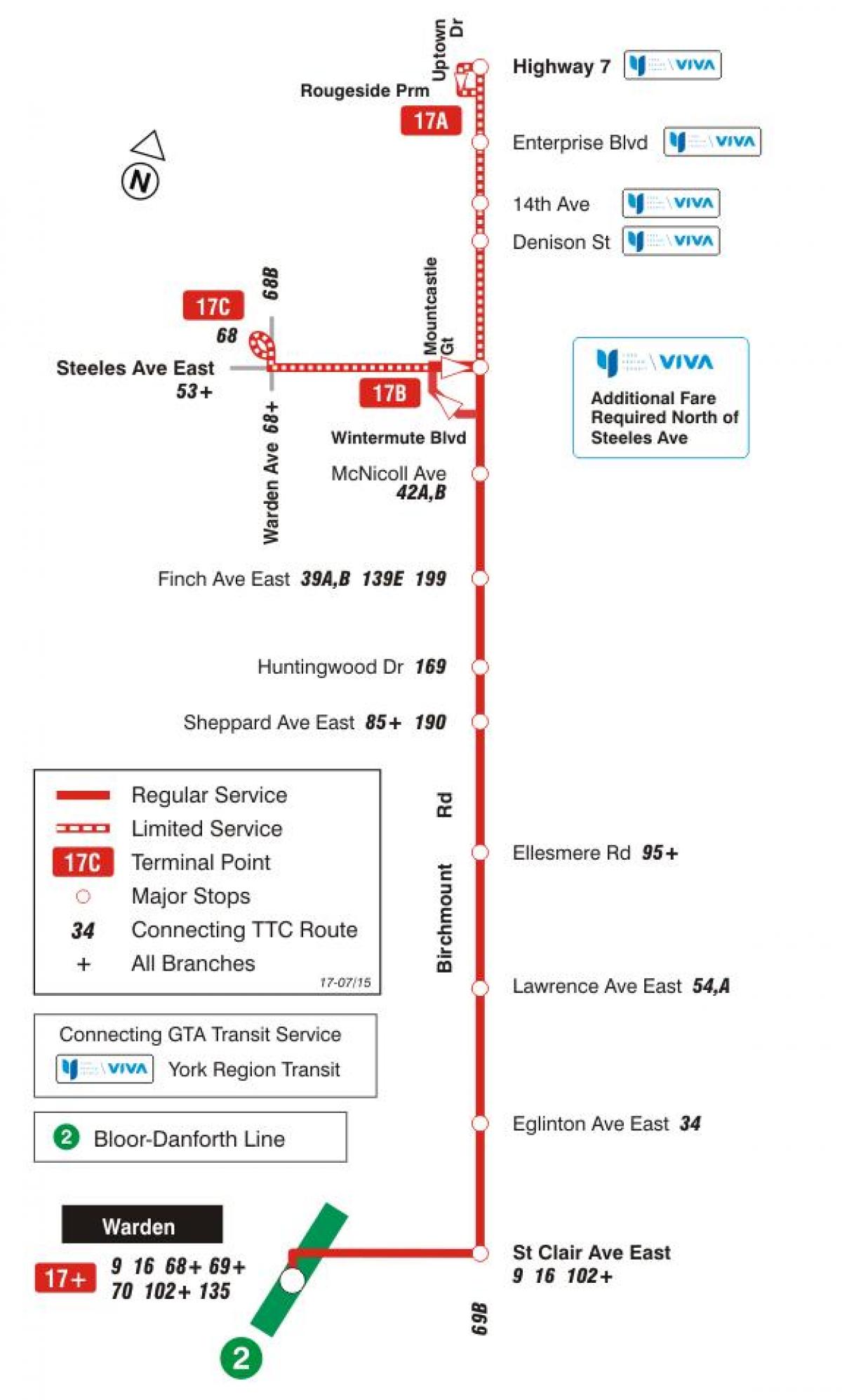 Карта ТТС 17 Birchmount автобусного маршрута Торонто