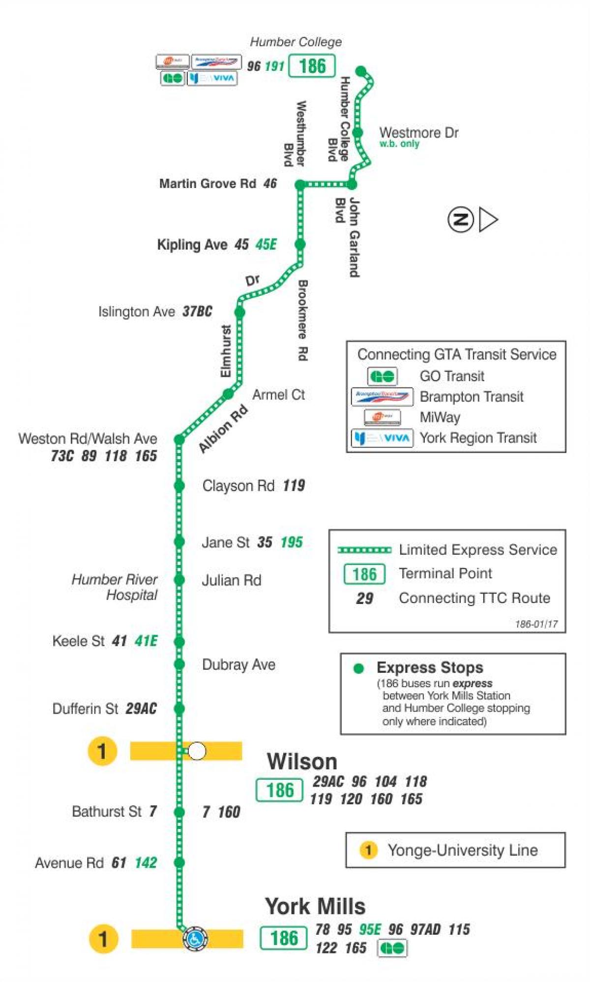 Карта ТТК 186 ракеты Уилсон автобусного маршрута Торонто