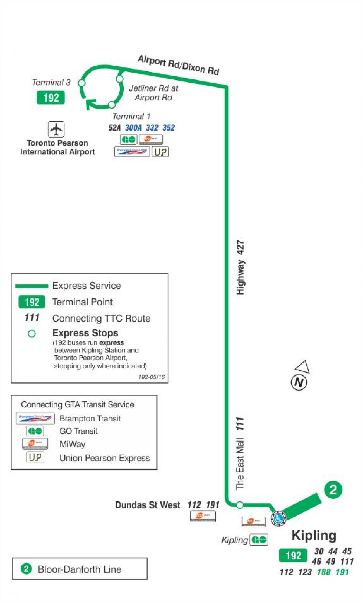 Карта ТТК 192 аэропорт ракета автобусного маршрута Торонто