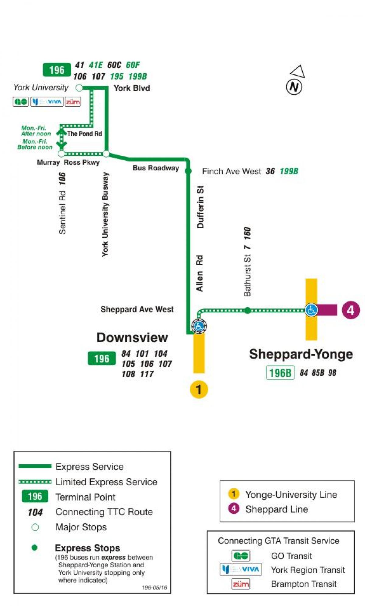 Карта ТТК 196-Йоркского университета ракетно автобусного маршрута Торонто