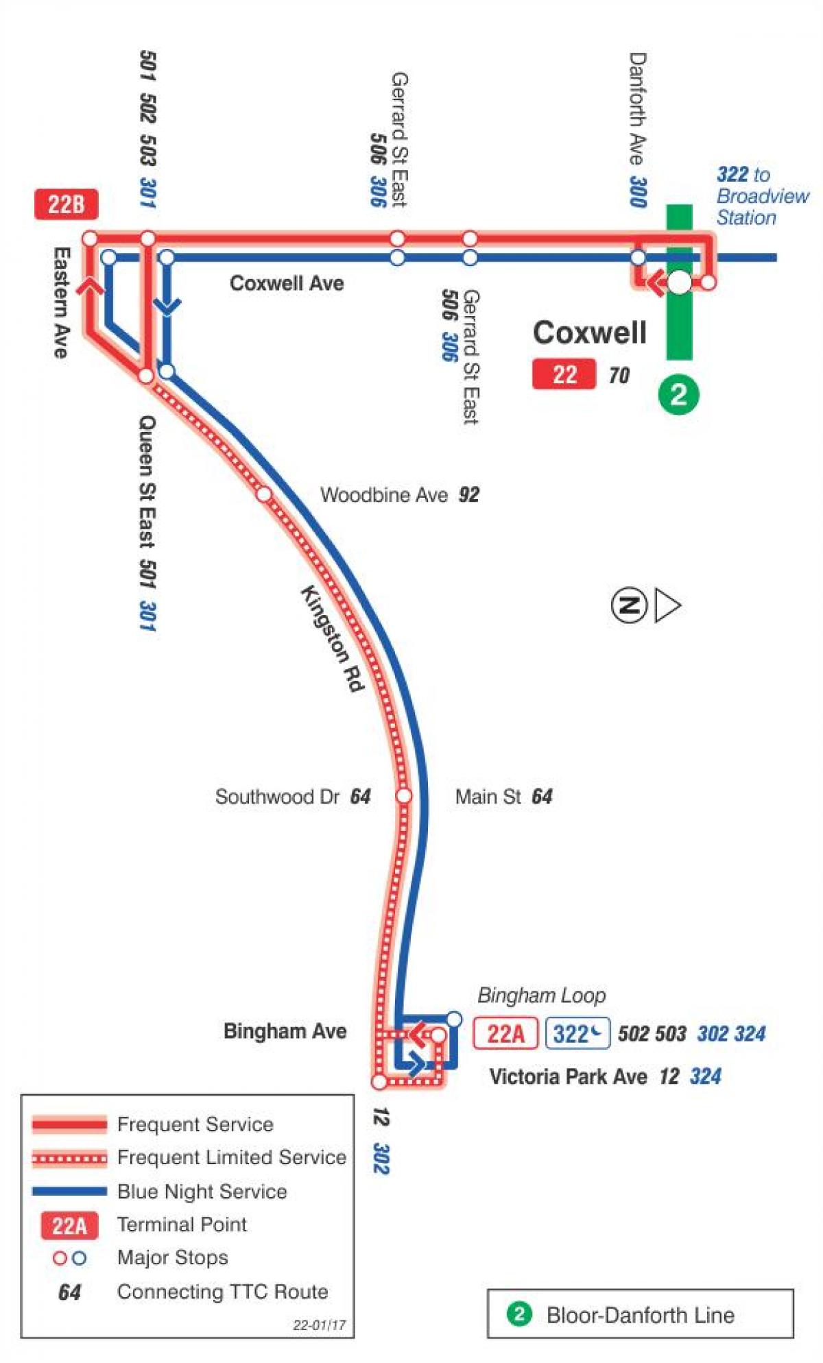 Карта ТТС 22 Коксуэлл автобусного маршрута Торонто