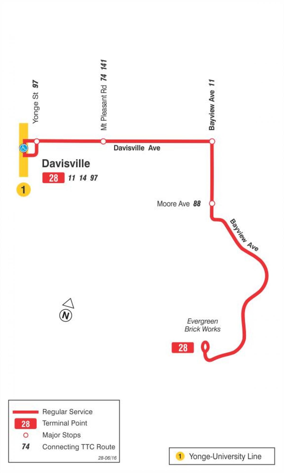 Карта ТТС 28 Бэйвью Южного автобусного маршрута Торонто