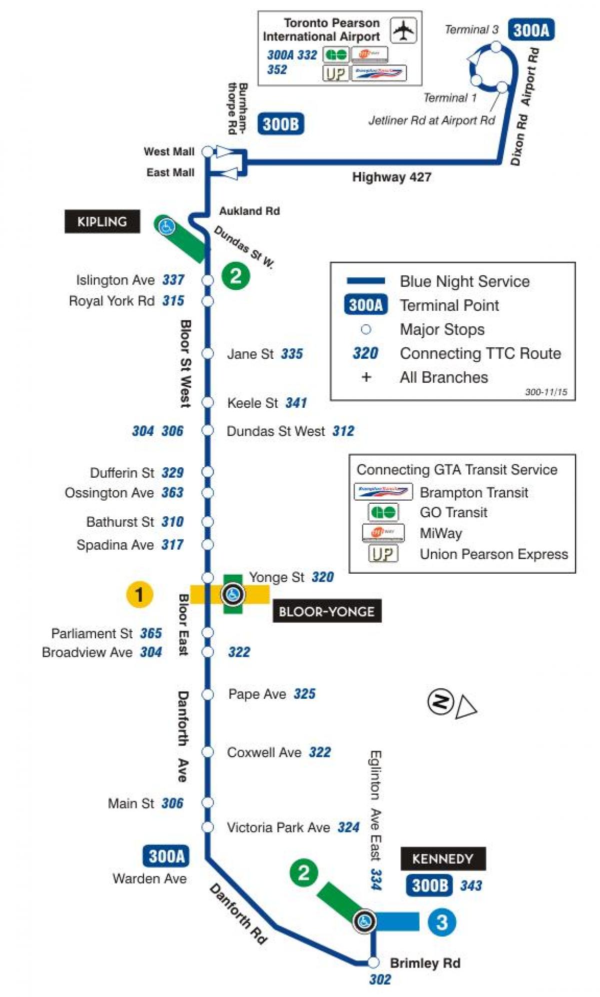 Карта ТТК 300А Блур-Данфорт автобусного маршрута Торонто