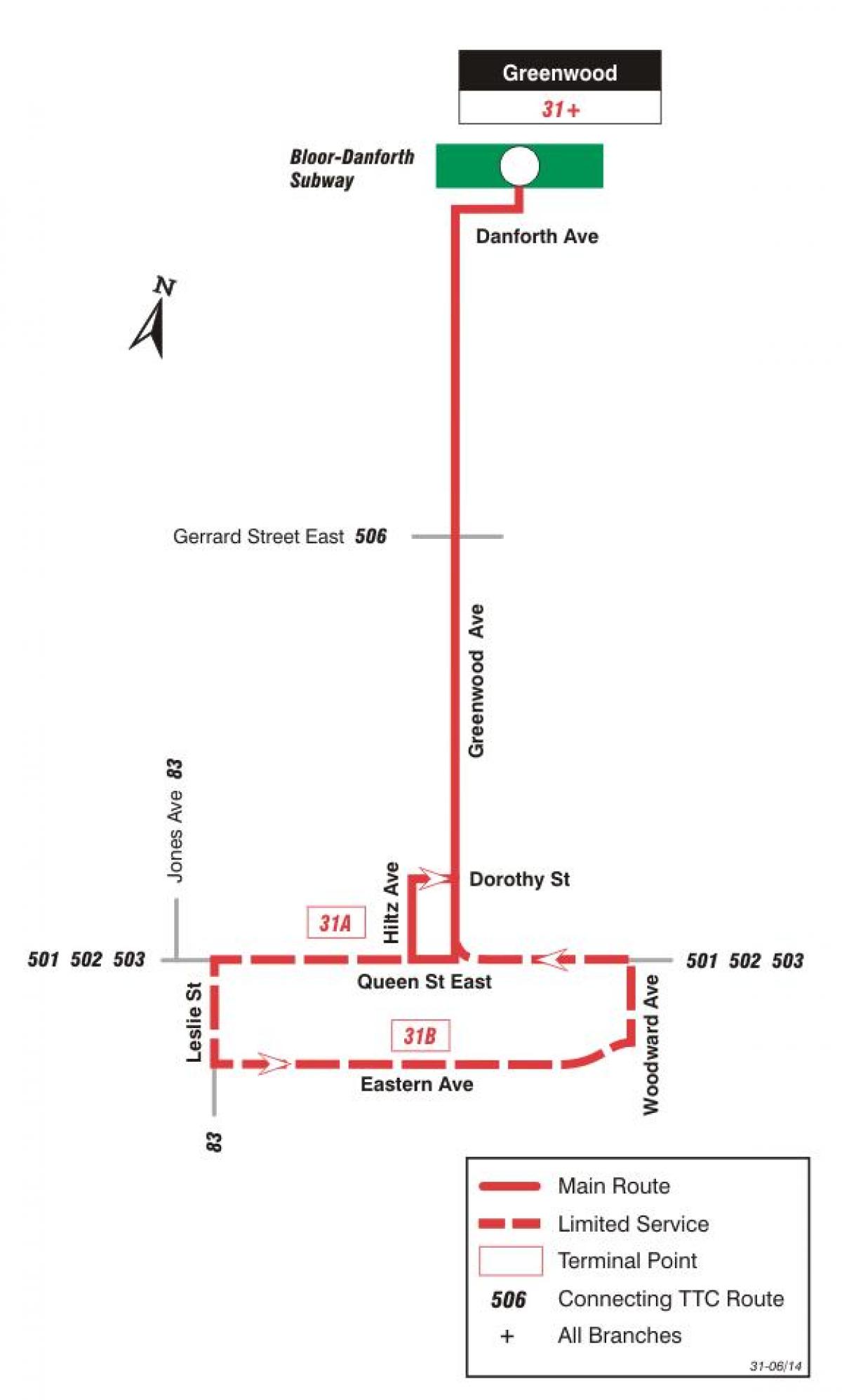 Карта ТТК 31 Гринвуд автобусного маршрута Торонто