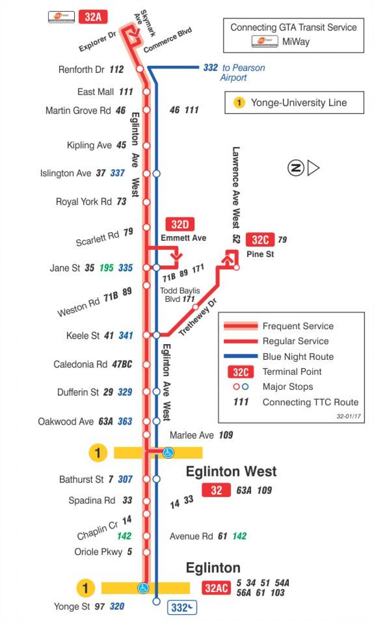 Карта ТТК 32 Эглинтон Уэст автобусного маршрута Торонто