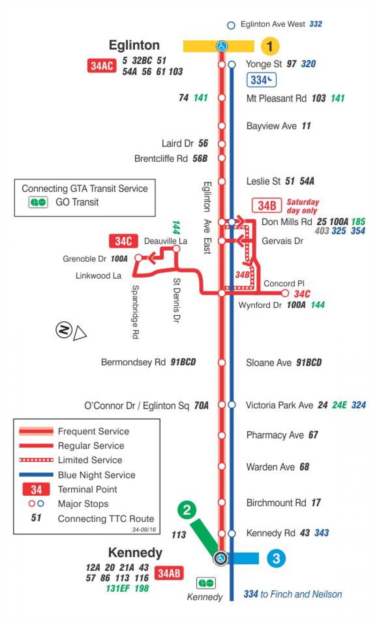 Карта ТТК 34 Эглинтон Восточного автобусного маршрута Торонто