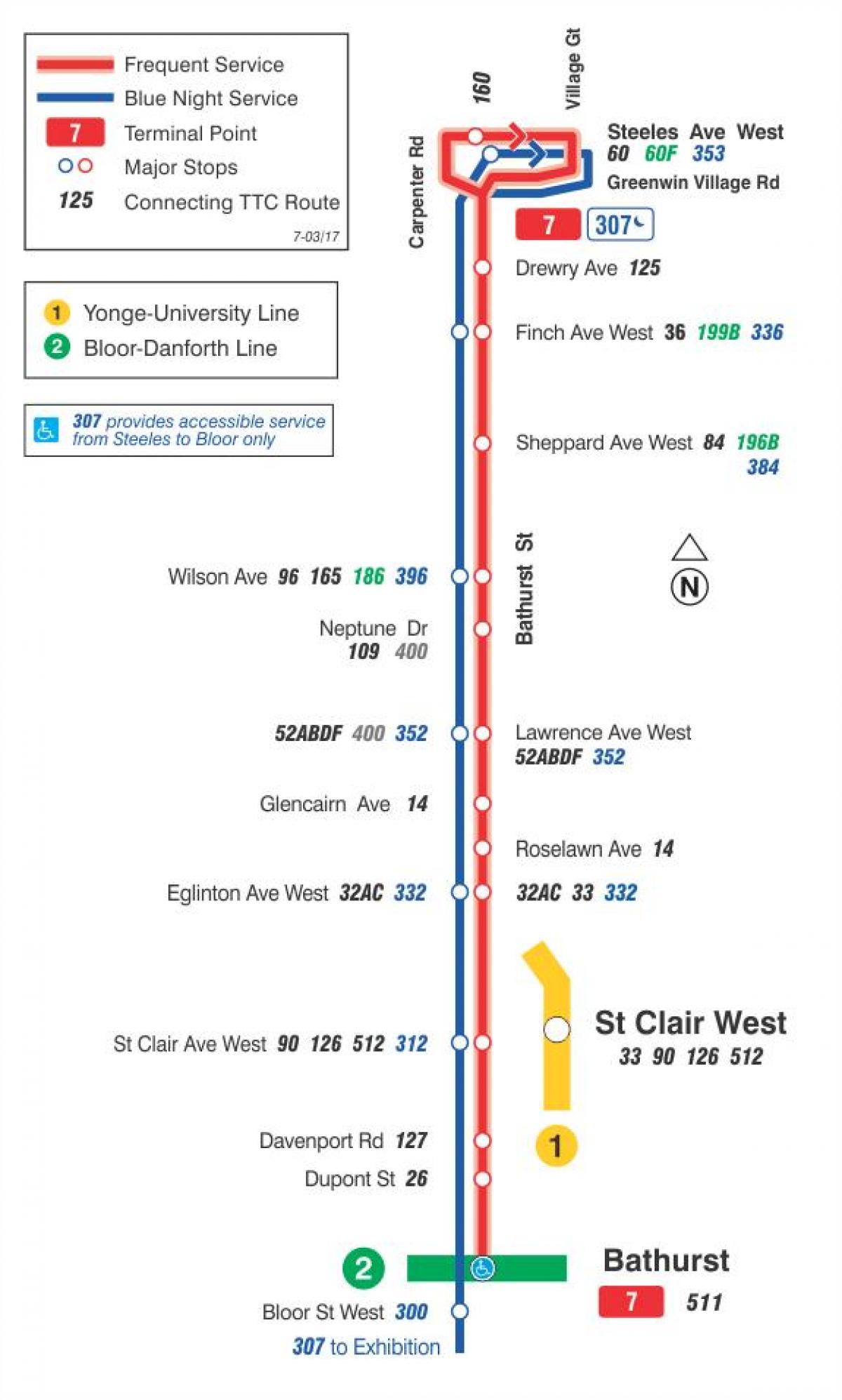 Карта ТТК 7 Батерст автобусного маршрута Торонто