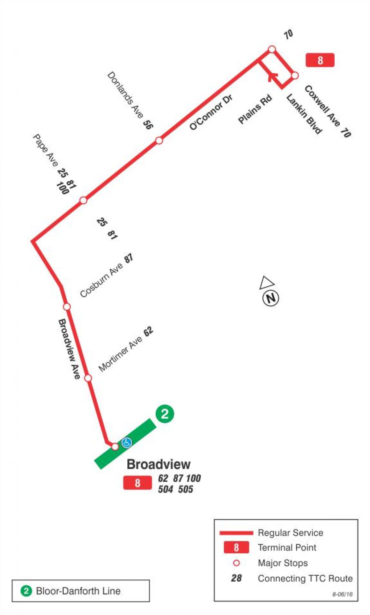 Карта ТТК 8 Бродвью автобусного маршрута Торонто