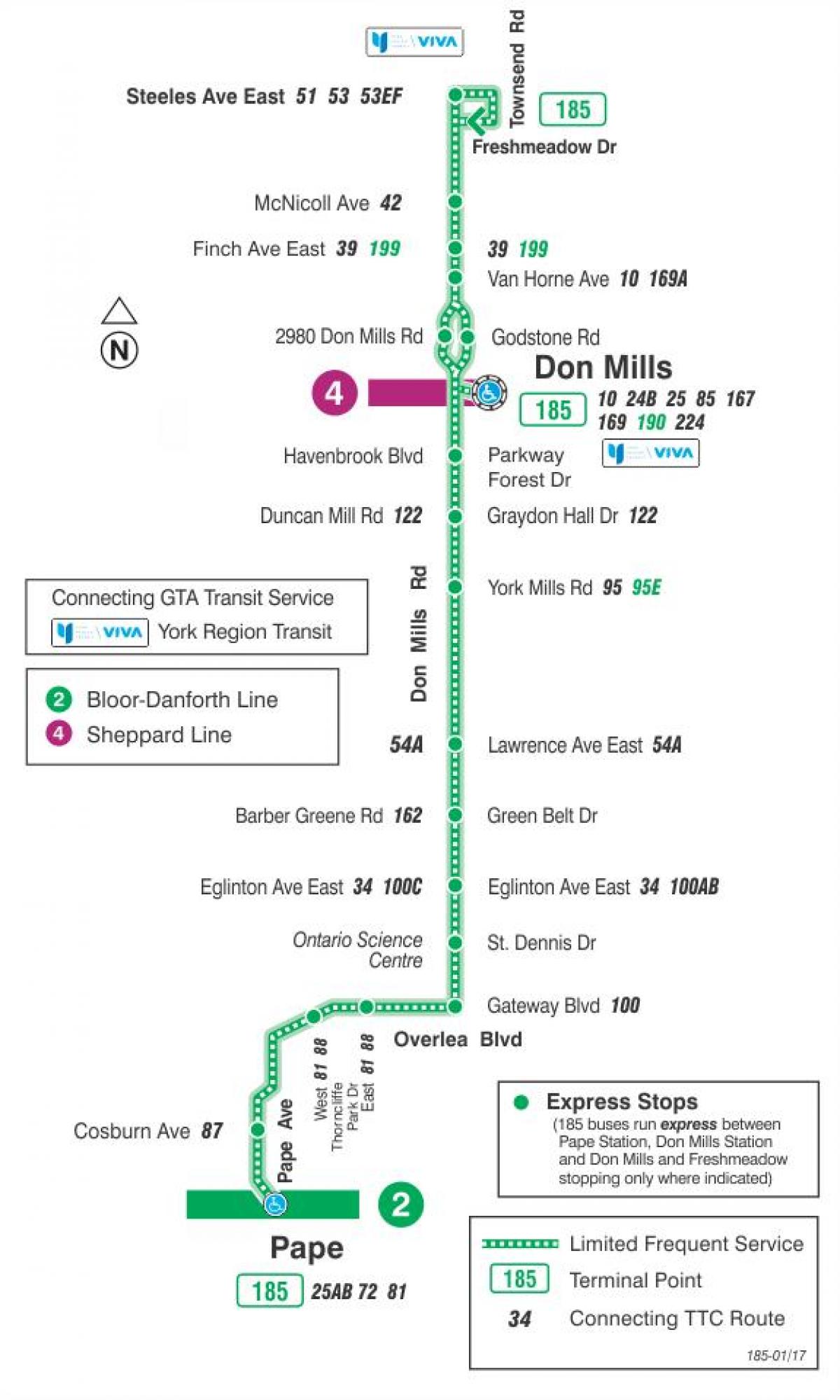 Карта ТТК 185 Дон Миллс ракеты автобусного маршрута Торонто