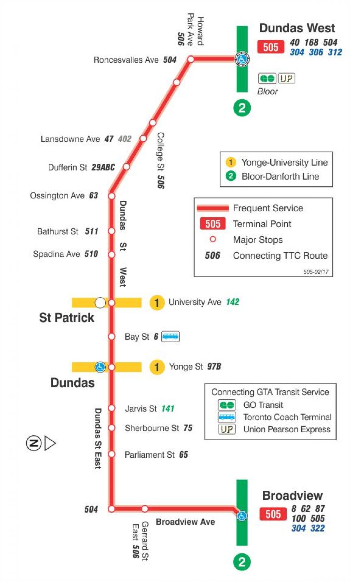 Карта трамвайную линию 505 Дундас