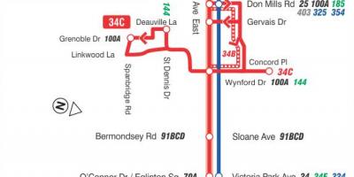 Карта ТТК 34 Эглинтон Восточного автобусного маршрута Торонто