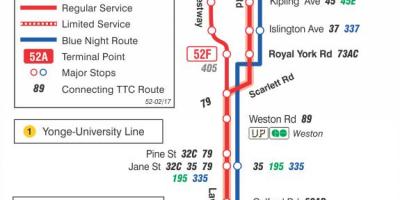 Карта ТТС 52 Лоренс Уэст автобусного маршрута Торонто