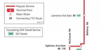 Карта ТТК 9 Беллами автобусного маршрута Торонто
